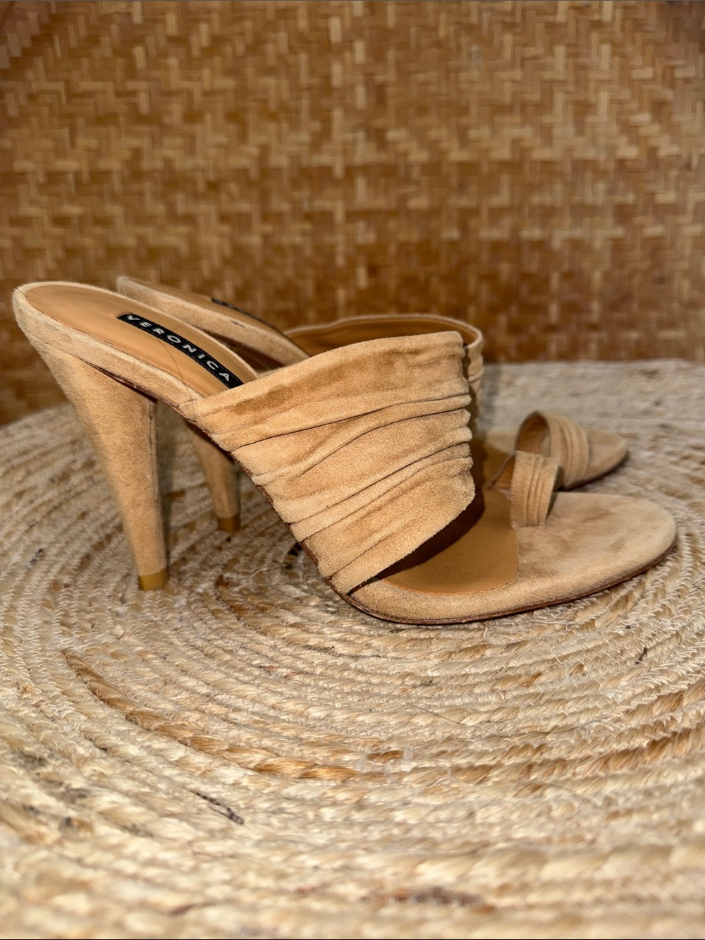 Veronica Beard Suede Tan Ruched Strap High Heel Sandals - Picture 5 of 9